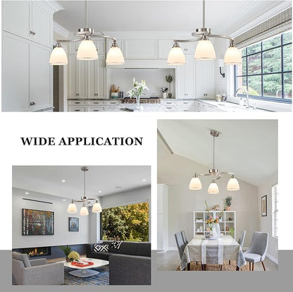 3 Lights Brushed Nickel Farmhouse Chandelier Retractable Kitchen Island Light with Milk White Frosted Glass Max 59" Height Adjustable Silver Hanging Ceiling Light for Dining Room Living Room Entry