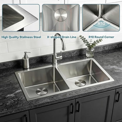 LQS Kitchen Sink 31x18, 31 Inch Undermount Kitchen Sink Double Bowl, Stainless Steel Sink and 50/50 Double Bowl with Two Sink Grids and Two Sink Strainers