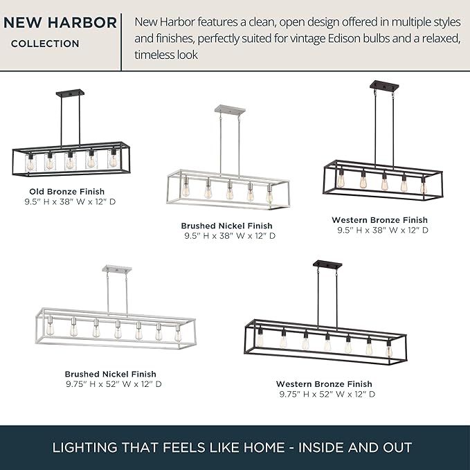 Quoizel New Harbor Linear Chandelier, 38 Inch 5-Light Western Bronze Open-Frame Pendant Lights, 100W, Max Adjustable Height 50", Island Chandelier for Kitchen, Over the Dining Table or Living Room
