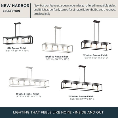 Quoizel New Harbor Linear Chandelier, 38 Inch 5-Light Western Bronze Open-Frame Pendant Lights, 100W, Max Adjustable Height 50", Island Chandelier for Kitchen, Over the Dining Table or Living Room