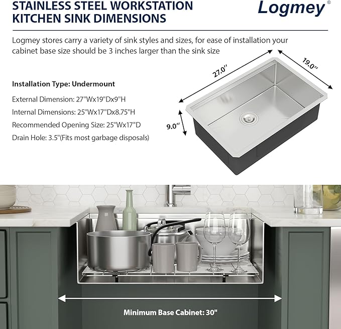 Logmey 27 In Undermount Kitchen Sink - 27x19 Inch Undermount Sink Stainless Steel Ledge Workstation Kitchen Sinks 16 Gauge Single Bowl Sink with Accessories