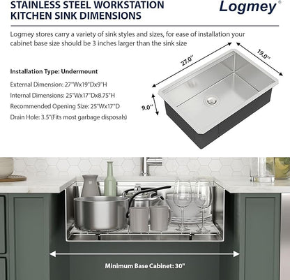 Logmey 27 In Undermount Kitchen Sink - 27x19 Inch Undermount Sink Stainless Steel Ledge Workstation Kitchen Sinks 16 Gauge Single Bowl Sink with Accessories