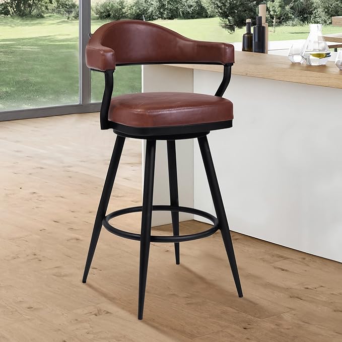 Armen Living Justin Modern Farmhouse 26" Seat Height Swivel Vintage Coffee Faux Leather Bar Stool with Black Metal Legs for Kitchen Island Counter, Set of 2