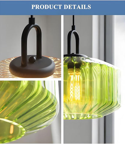 11-Inch Vintage Industrial Ribbed Glass Pendant Light Adjustable Height E26 Hanging Light for Kitchen Island Dining Room Bedroom Living Room Bar (Green)
