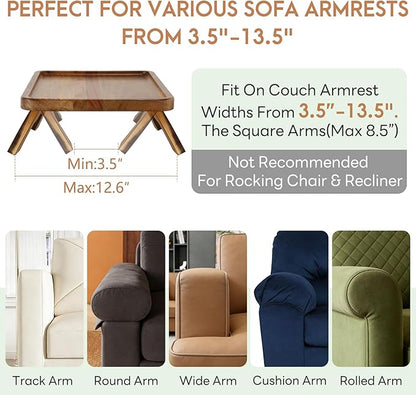 SINWANT Couch Arm Table,Acacia Wood Sofa Arm Rest Tray for Couch,13.78" Foldable Couch Armrest Tray Tables for Home Apartment Small Spaces