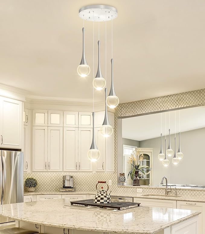 Crystal Chandelier for Dining Room Glam 5 Light Cluster Crystal Pendant Light Dimmable LED Chandeliers for Kitchen Island Living Room Sivler