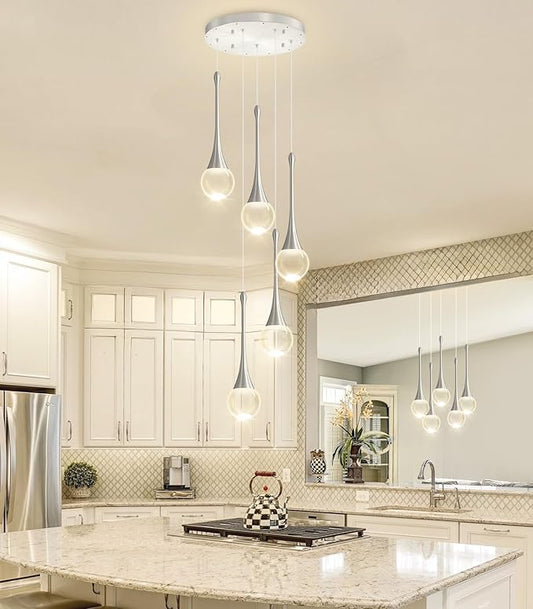 Crystal Chandelier for Dining Room Glam 5 Light Cluster Crystal Pendant Light Dimmable LED Chandeliers for Kitchen Island Living Room Sivler
