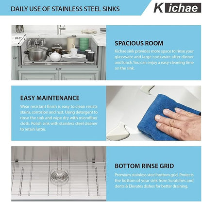 Kichae 33 Inch Farmhouse Kitchen Sink Apron Front Stainless Steel 16 Gauge Single Bowl Farm Sinks Deep Bowl Farmer Kitchen Sinks Farm Style Handmade Sink