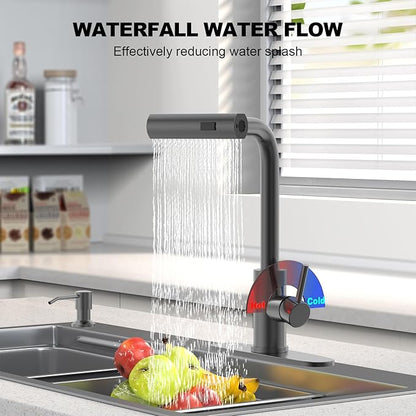 AVSIILE Waterfall Kitchen Faucets with Pull Down Sprayer & Soap Dispenser, Single Hole, Single Handle, Pull Out Tap, Stainless Steel Sink Faucet in Gray, Suitable for Farmhouse Camper Laundry Rv Bar
