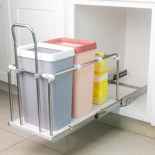 Pull Out Trash Can Rack for Cabinet Kitchen, Adjustable Soft-Close Heavy Duty Steel Frame, Narrow Garbage Bin Holder with Solid Bottom Base Under Counter, 11" W, No Bin