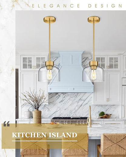 Gold Pendant Lights Kitchen Island, 8" Hanging Light Fixtures with Clear Glass Shade, Modern Brass Kitchen Pendant Lighting Over Island for Dining Room, AD-24024-1PL-GD