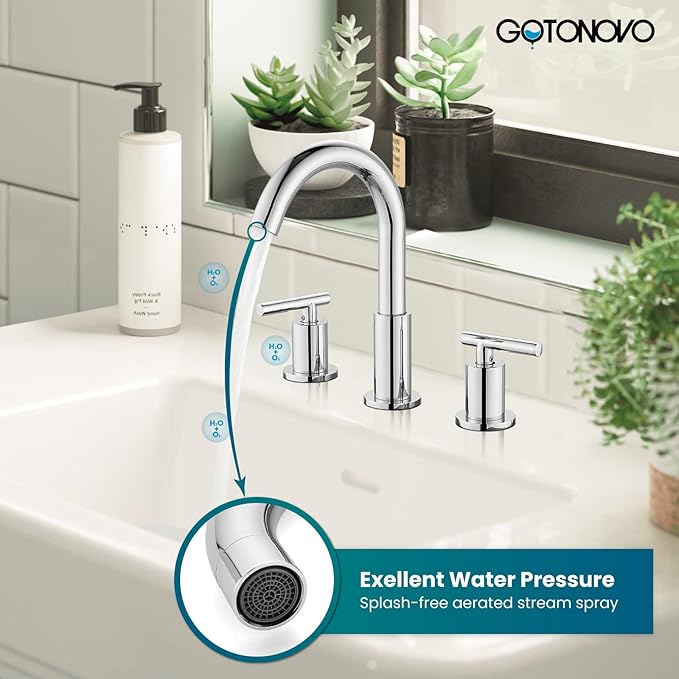 gotonovo 3 Hole 2 Handles Lavatory Basin Bathroom Sink Faucet with Pop Up Drain with Hot and Cold Mixer Valves 8 Inch Widespread Bathroom Faucet Polish Chrome