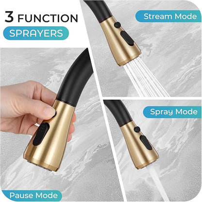 Kitchen Faucet with Pull Down Sprayer - Gold & Black Single Handle Kitchen Faucets, High Arc Stainless Steel Pull Out Kitchen Sink Faucet with Deck for RV Laundry Farmhouse Bar