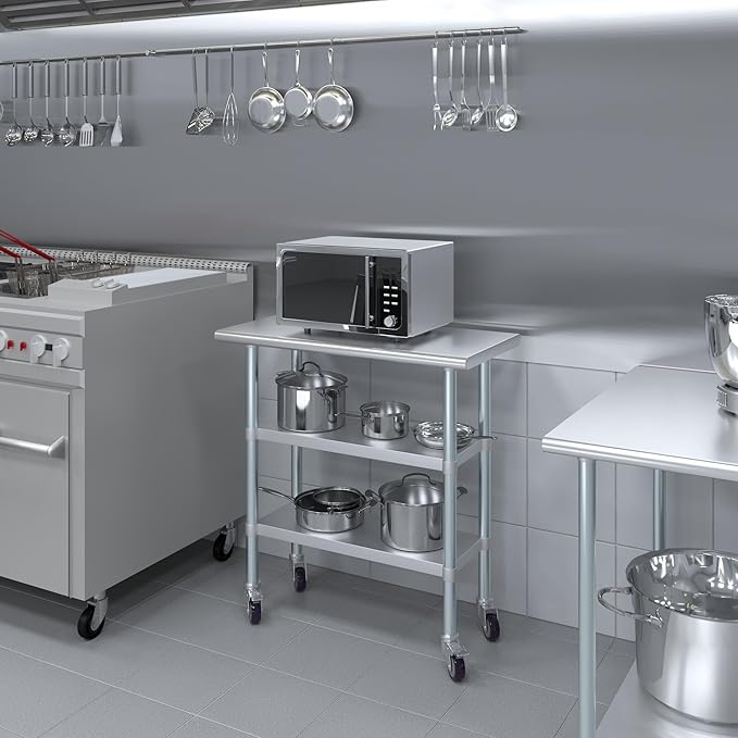 Stainless Steel Work Table with 2 Shelves and Casters | Kitchen Island Food Prep | Laundry Garage Utility Bench | NSF Certified (36" Long x 18" Deep)