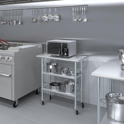 Stainless Steel Work Table with 2 Shelves and Casters | Kitchen Island Food Prep | Laundry Garage Utility Bench | NSF Certified (36" Long x 18" Deep)