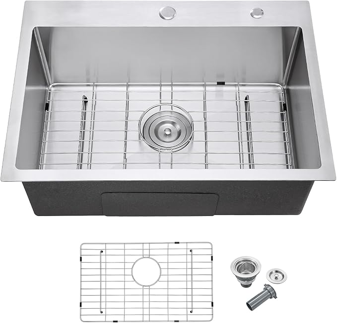 MENATT 25 Inch Drop in Kitchen Sink Brushed, 18 Gauge Stainless Steel 2 Holes Single Bowl Topmount Kitchen Sinks with Drain Assembly & Grid, D25"xW18"xH9"