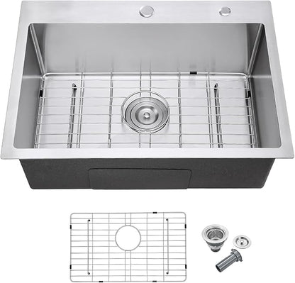 MENATT 25 Inch Drop in Kitchen Sink Brushed, 18 Gauge Stainless Steel 2 Holes Single Bowl Topmount Kitchen Sinks with Drain Assembly & Grid, D25"xW18"xH9"