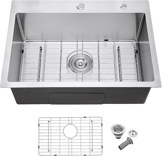 MENATT 25 Inch Drop in Kitchen Sink Brushed, 18 Gauge Stainless Steel 2 Holes Single Bowl Topmount Kitchen Sinks with Drain Assembly & Grid, D25"xW18"xH9"