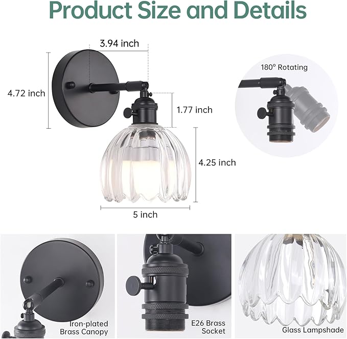 Shenmoyl Vintage Battery Operated Wall Sconce with Transparent Tulip Glass Lampshade Rechargeable Battery Powered Black Wall Light with Remote Control for Bedside Bedroom Doorway, Set of 2