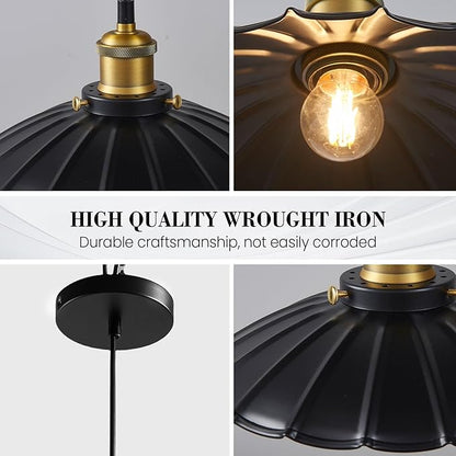 2Pack Black Pendant Light, 9.8 Inch Retro Hanging Lamp for Bedroom, Glossy Hanging Kitchen Lights Living Room 6.5Ft Height Adjustable Indoor Pleated Pendant Light