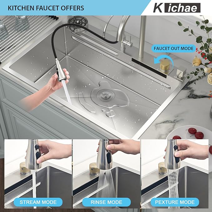 Kichae Waterfall Kitchen Sink Drop In - Kitchen Sink 33x22 Drop In Waterfall with Hot & Cold Water Stainless Steel 16 Gauge Workstation Sinks Handmade Single Bowl with Faucet Combo & Glass Rinser
