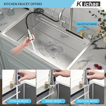 Kichae Waterfall Kitchen Sink Drop In - Kitchen Sink 33x22 Drop In Waterfall with Hot & Cold Water Stainless Steel 16 Gauge Workstation Sinks Handmade Single Bowl with Faucet Combo & Glass Rinser