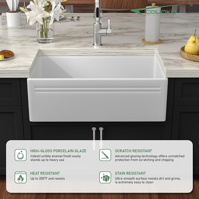 White Farmhouse Sink 30 Inch Fireclay Reversible Apron Front Farm Sink 30"x18"x10" Glossy White Porcelain Farms House Style Single Bowl Farmhoues kitchen Sinks with Luxury Accessories