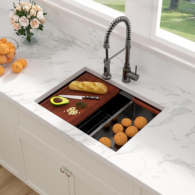 Sarlai 25 Inch Black Kitchen Sink Undermount - 25"x19" Undermount Sink Ledge Workstation Stainless Steel Gunmetal Black 16 Gauge Deep Single Bowl Under Counter Kitchen Sinks with Accessories