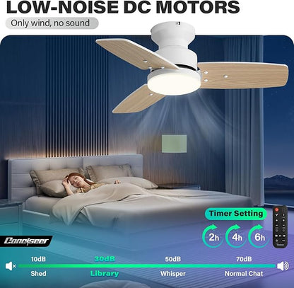 Conciseer 30 Inch Ceiling Fans with Lights and Remote, Bedroom Living Room Office, Flush Mount, 3CCT Dimmable, Dual Color 3 Blades, 6 Speed Reversible Quiet DC Motor, White/Wood Grain, 2 Pack