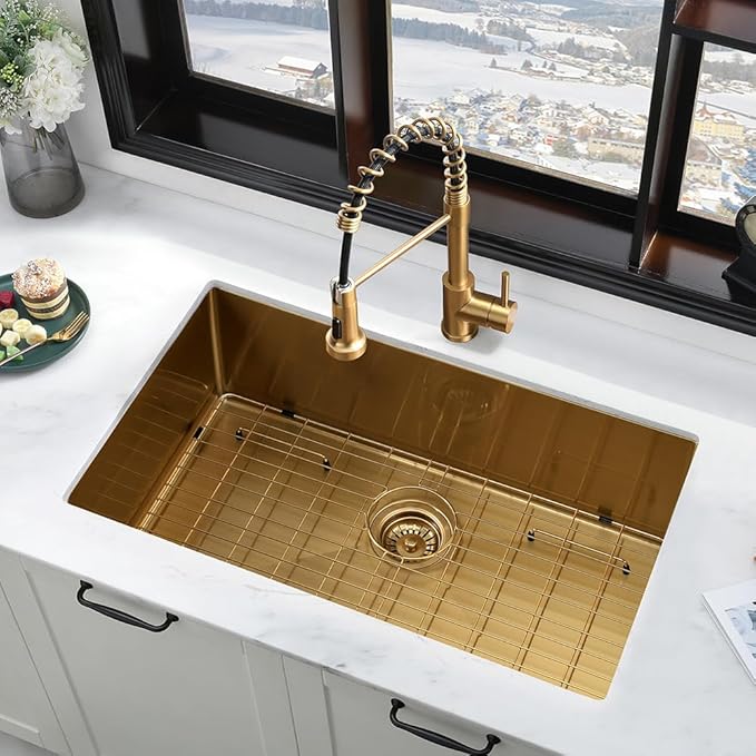 33 Inch Gold Kitchen Sink with Faucet Combo-iAnomla 33x19 Undermount Sinks Stainless Steel Brushed Gold Deep Single Bowl Kitchen Sink and Faucet Combo Set