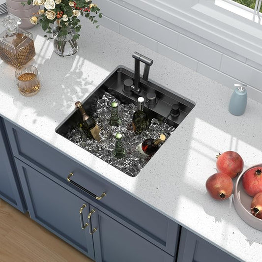 Outdoor Sink and Faucet - Beslend 17x19x9 Inch Black Undermount Bar Sink With Folding Faucet and Cover 16 Gauge Stainless Steel Single Bowl Sink Indoor Outdoor