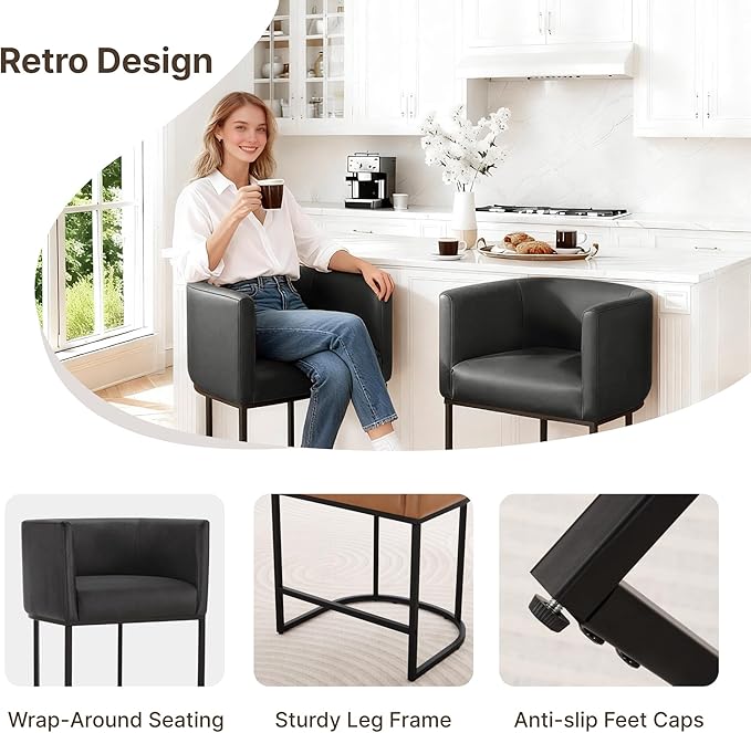 24" Counter Height Bar Stools Set of 4, Modern Barrel Counter Stools with Backrest and Arms, Faux Leather Upholstered Accent Barstools with Metal Legs for Kitchen Island,Black