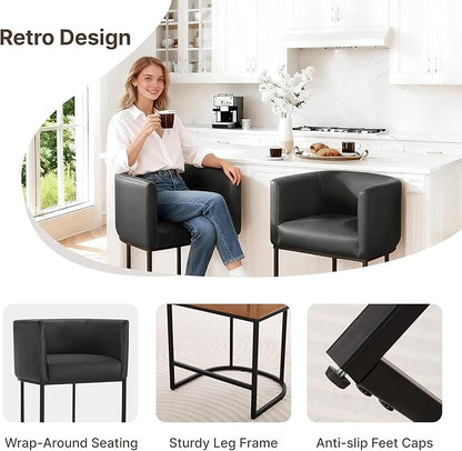 24" Counter Height Bar Stools Set of 4, Modern Barrel Counter Stools with Backrest and Arms, Faux Leather Upholstered Accent Barstools with Metal Legs for Kitchen Island,Black