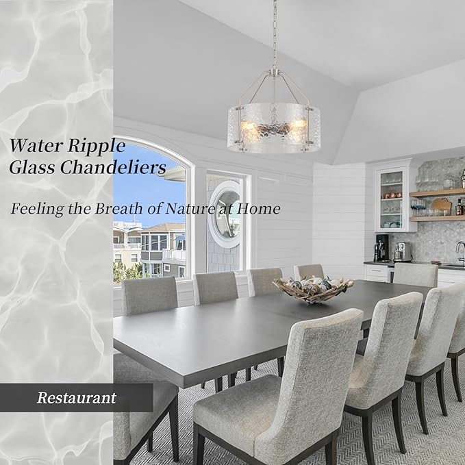 Glass Drum Chandelier for Dining Room 18'' Brushed Nickel Entryway Light Fixture 4-Light Kitchen Chandeliers Over Table Bedroom Light Fixture for Living Room Hallway Foyer Kitchen