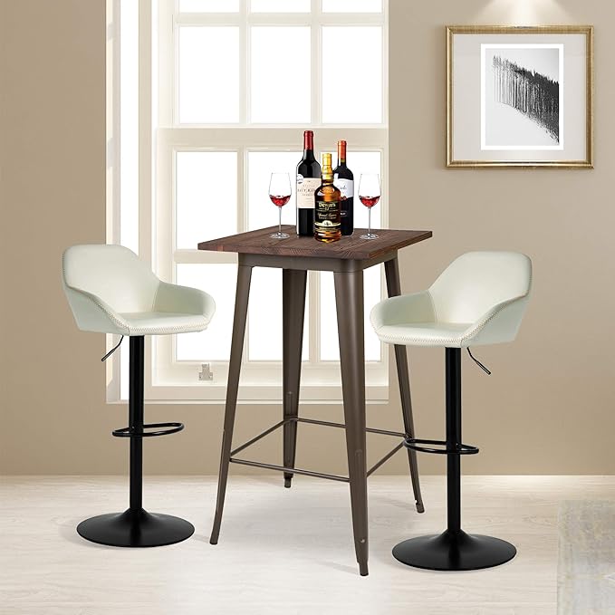 Glitzhome 3-Piece Pub Table and Chairs, Square Bar Height Adjustable Swivel PU Leather Bar Stools Set of 2, Rustic Dining Room Tables for Kitchen Island Bistro Office Living Room Small Space