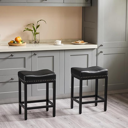 DUMOS Saddle Bar Stools Set of 2, 24 Inch Counter Height Stools with Curved PU Leather Surface, 3.7" Thick Upholstery Bar Height Stools with Footrest for Kitchen Island, Dining, Cafe, Black