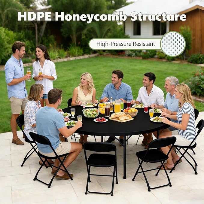 71" Folding Round Table, Plastic Dinner Table, Portable Folding Banquet Table for Living Room, Party or Outdoor Event, Black