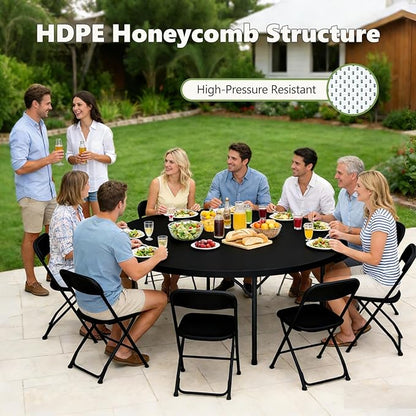 71" Folding Round Table, Plastic Dinner Table, Portable Folding Banquet Table for Living Room, Party or Outdoor Event, Black