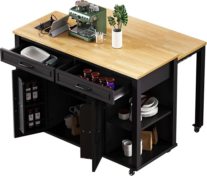 Kitchen Island with Extendable Dining Table 2 Drawers and 2 Cabinets Internal Storage Rack and Built-in Power Outlet with Wheels Practical(Black)