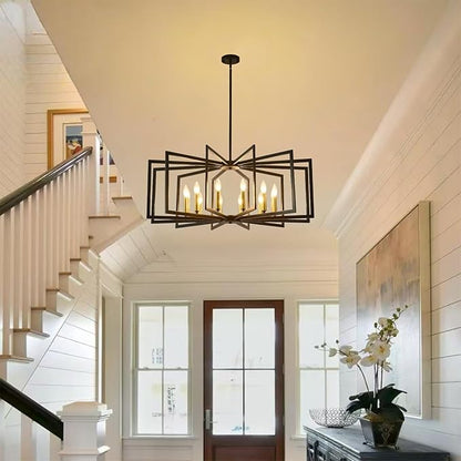Black Chandelier for Dining Room,12-Light Large Dining Room Light Fixture Modern Geometric Metal Hanging Industrial Chandeliers for Entryway Kitchen Island Foyer Farmhouse Chandeliers (Black Gold)