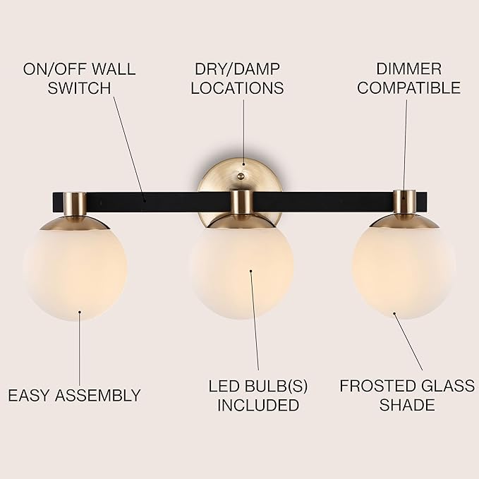 JONATHAN Y 24" Brass Gold/Black Modern Globe LED Vanity Wall Sconce Light, White Frosted Glass Shade, Mid-Century Art Deco Wall Lamp for Bathroom, Kitchen, Hallway (JYL3542A)
