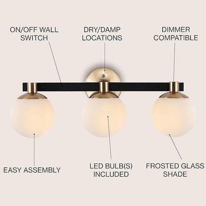 JONATHAN Y 24" Brass Gold/Black Modern Globe LED Vanity Wall Sconce Light, White Frosted Glass Shade, Mid-Century Art Deco Wall Lamp for Bathroom, Kitchen, Hallway (JYL3542A)