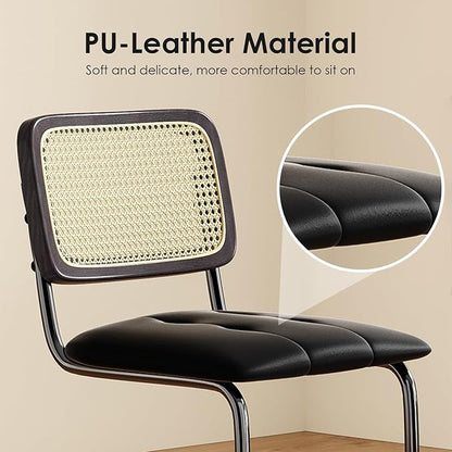 Modern Dining Chair, Upholstered PU Leather Kitchen Table and Chairs with Rattan Back, 26 Inch Armless Bar Stools for Kitchen Island, Mid-Century Sturdy Stable Furniture,Natural-2PC