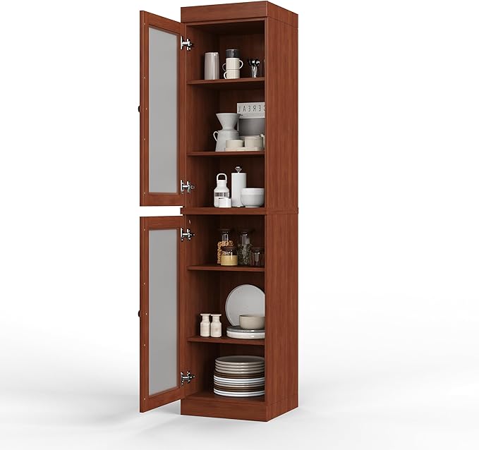 Palace Imports Solid Wood Kitchen Pantry Cabinet w/Frosted Glass Doors - Narrow Storage Cabinet - 16.5" Wide x 71.5" Tall - Mocha, Adjustable Shelves, 100% Eco-Friendly Wood, Modular Cabinets