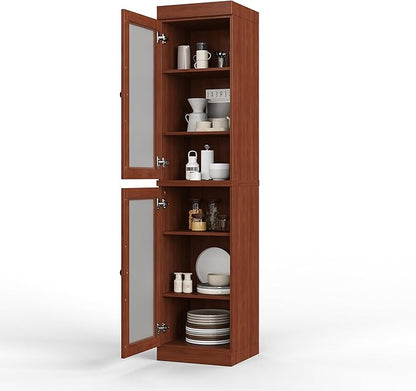 Palace Imports Solid Wood Kitchen Pantry Cabinet w/Frosted Glass Doors - Narrow Storage Cabinet - 16.5" Wide x 71.5" Tall - Mocha, Adjustable Shelves, 100% Eco-Friendly Wood, Modular Cabinets