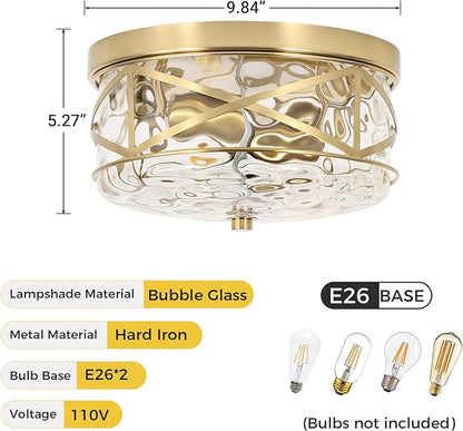 LamQee 9.8" Small Flush Mount Ceiling Light with Clear Hammered Glass, Brushed Gold Hallway Light Fixtures Ceiling Mount for Bathroom, 2-Lights Farmhouse Close to Ceiling Light Kitchen Foyer Bedroom