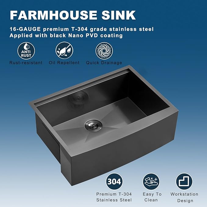 Doirteal 30" Farmhouse Sink, 16 Gauge Nano Black Stainless Steel Apron Front Kitchen Sink, 30x22x10 Undermount Workstation Single Bowl with Cutting Board, Colander & Grid, Scratch-Resistant