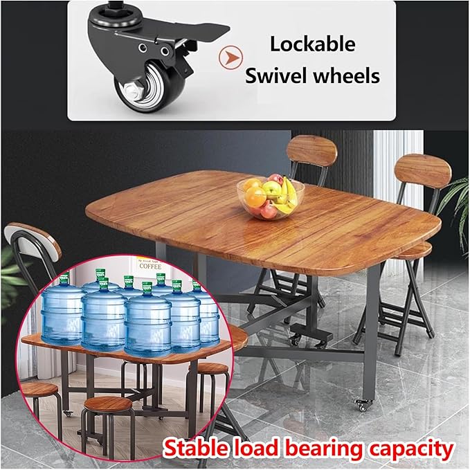 Solid Wooden Foldable Kitchen Table with 6 Wheels, Solid Wooden Foldable Kitchen Table with Carbon Steel Pipe Bracket, Space Saving Butterfly Drop Leaf, Versatile Collapsible Extendable Table(Brown,39