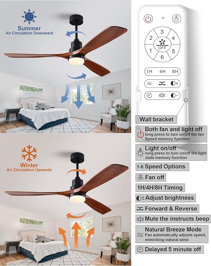 60 Inch Ceiling Fans with Lights and Remote, Quiet Reversible DC Motor and 3 Color Dimmable Light, 3 Blades 6 Speed Wood Ceiling Fan for Farmhouse Living Room Bedroom Dining Room Workroom Study