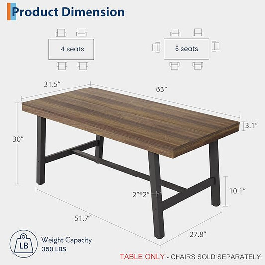 GarveeHome 63 Inch Small Space Dining Table for 4-6 People, Rectangular Kitchen Table for Apartment & Dining Room, Heavy Duty Metal Frame, Retro Brown